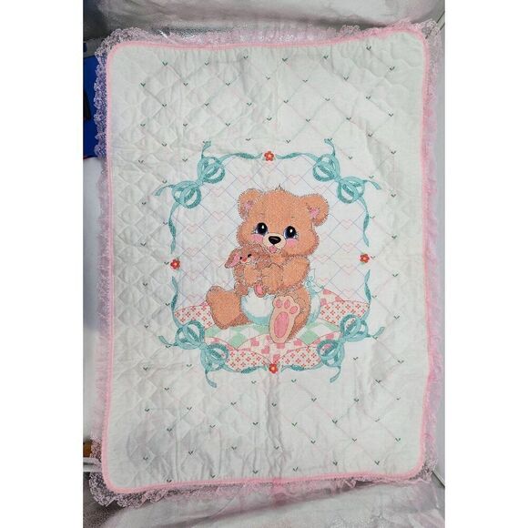 Handmade Embroidered Baby Quilt With Adorable Teddy Bear & Bunny Design - Picture 4 of 11